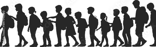 Diverse group of children in silhouette walking in a line with backpacks, representing education and childhood journeys