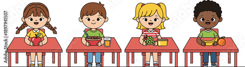 Children eating healthy food at school desks, kids nutrition and balanced diet concept, cartoon vector illustration isolated