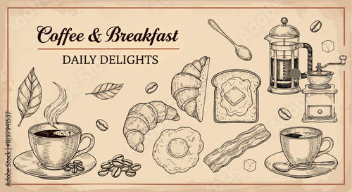 Hand drawn vintage style cafe menu illustration featuring coffee, croissant, pancakes, breakfast food and classic engraved line art elements on warm paper background. Perfect for restaurant menus