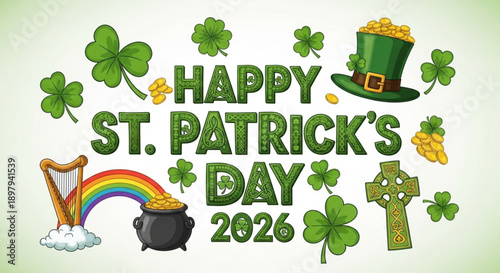 St patrick's day 2026 celebration with shamrocks leprechaun hat and celtic cross on green background