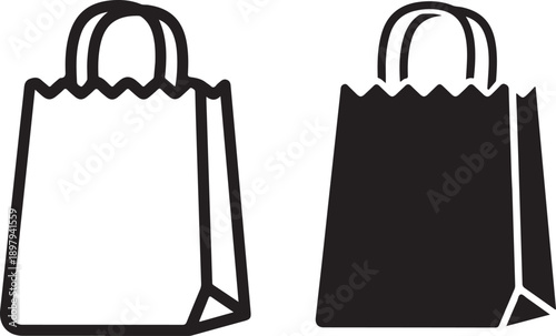 Outline and solid black paper shopping bags icons isolated on white background, illustration