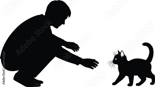 Child silhouette playing with cat, cute human and pet interaction, minimalist vector illustration, friendship concept, black outline design for love and care theme