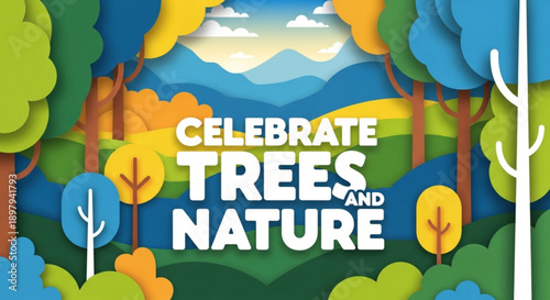 Vibrant nature scene with trees and mountains celebrating environmental conservation and eco friendly lifestyle in stylized illustration