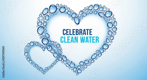 Heart shape made of water droplets with 'celebrate clean water' text on blue gradient background symbolizing conservation and purity