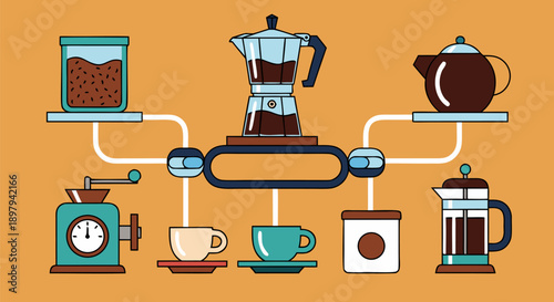 Vector illustration of coffee making equipment and accessories, perfect for cafe or coffee shop branding