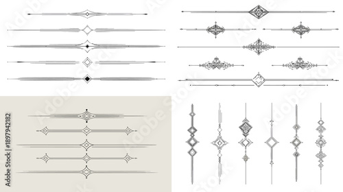 Minimal geometric dividers and linear ornaments in clean modern style. Subtle decorative elements perfect for editorial layouts branding interfaces and contemporary graphic design projects.