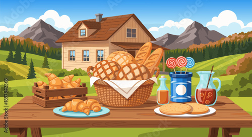 Farmhouse breakfast spread vector illustration featuring croissants, bread, cookies, and jam on a picnic table in a countryside landscape