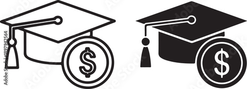 Graduation cap with dollar coin icon: education finance symbol isolated on white background, illustration