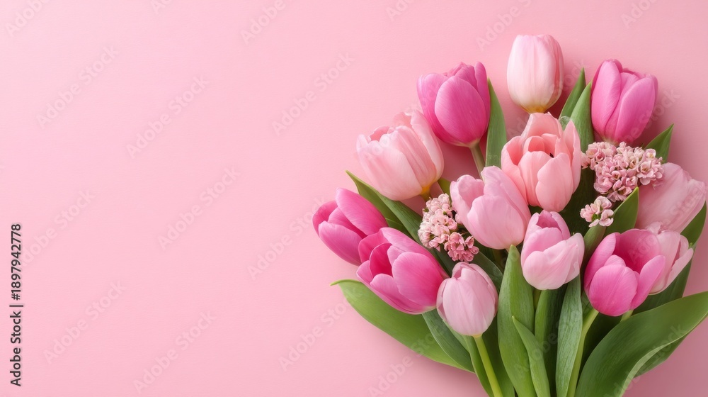 Obraz premium Bright and cheerful spring flowers fill the scene with colors of soft pink and white. The bouquet features various tulips nestled among lush greenery on a gentle pink backdrop
