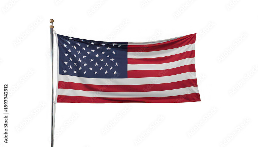 Obraz premium American flag waving on silver pole against white background symbolizing freedom and patriotism