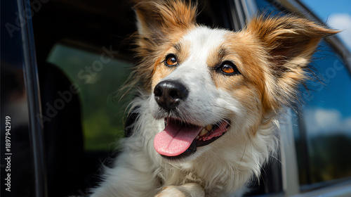 Happy dog enjoying a car ride with its head out the window, feeling the breeze and sunshine on its fur.
