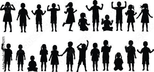 Kids silhouette set with different playful poses, children activity collection for fun, education and lifestyle concept, joyful people illustration isolated on white background