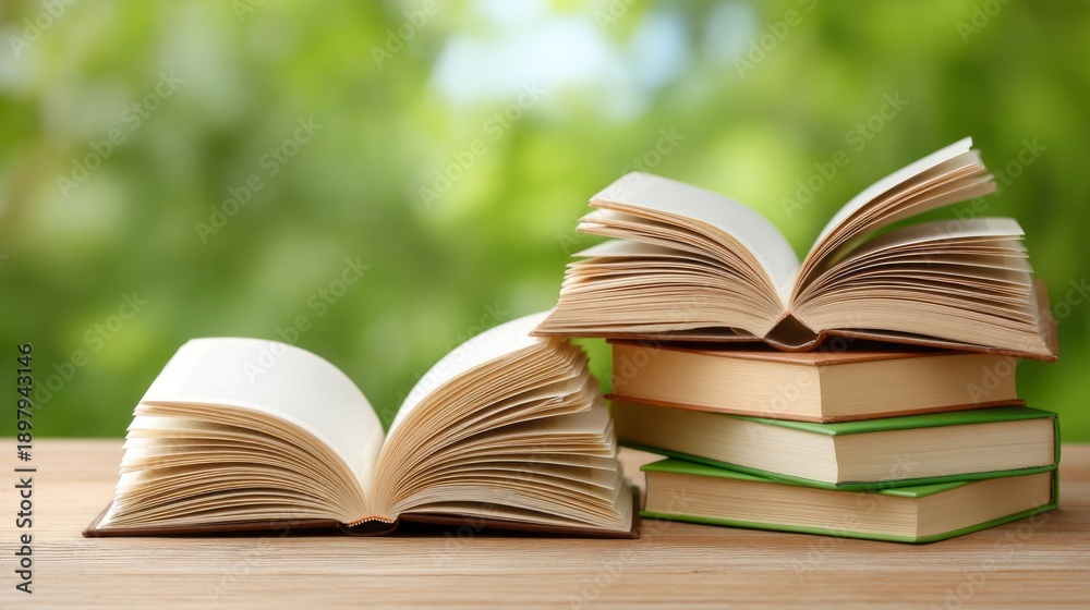 Naklejka premium Open books lay on a light wooden table, inviting readers to explore their content. Sunlight filters through lush greenery, creating a peaceful atmosphere for reading
