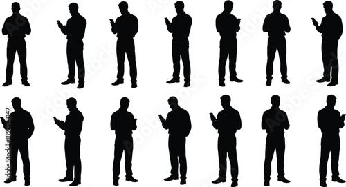 Man smartphone silhouette set with different standing poses, mobile phone usage concept, modern communication and technology lifestyle illustration isolated on white background
