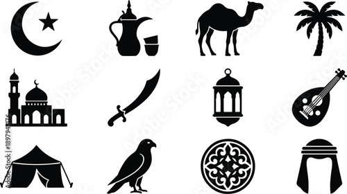  Set of 12 Arabian Culture Icons Vector Illustration 2026, Neat Black Silhouettes Including Camel, Mosque, Dallah, and Falcon Isolated on White Background 2026 