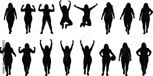 Woman silhouette set with different active body poses, plus size female fitness collection, confidence and lifestyle concept, people illustration isolated on white background
