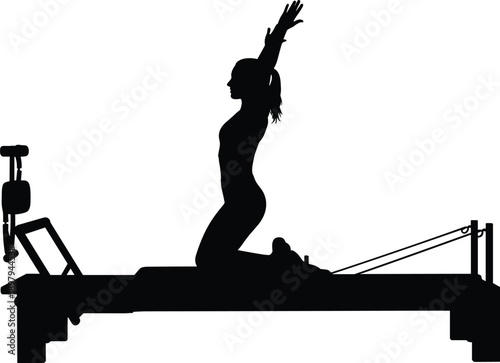 Woman Pilates reformer silhouette stretching with raised arms, fitness and wellness concept, female workout exercise illustration, healthy lifestyle training isolated on white background