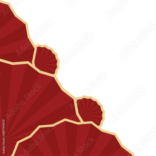 Vibrant red paper fans with gold trim on white background, traditional Asian decorative elements, festive and elegant design, perfect for cultural events and celebrations