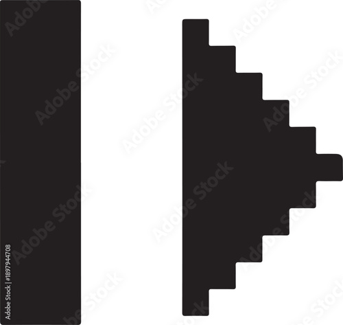 Black silhouette of abstract geometric shape showing vertical bar and jagged stepped arrow pointing right on transparent background vector