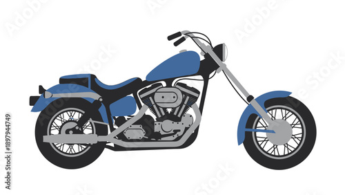 Blue Chopper Motorcycle Side View Isolated on White Background
