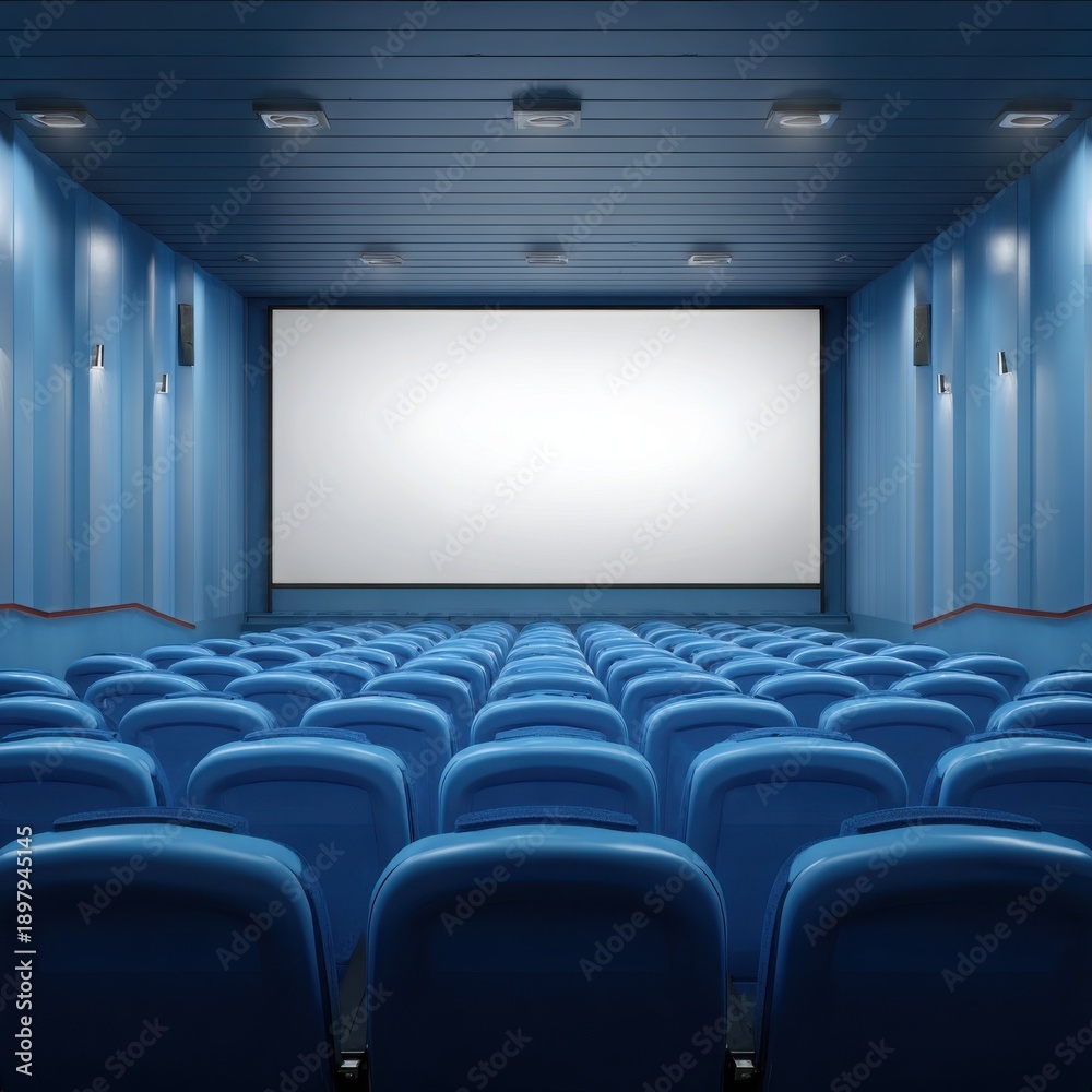 Fototapeta premium A dimly lit movie theater with rows of blue seats facing a large white projection screen