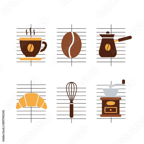 Coffee Icons Set: Cup, Bean, Cezve, Croissant, Whisk, Grinder
