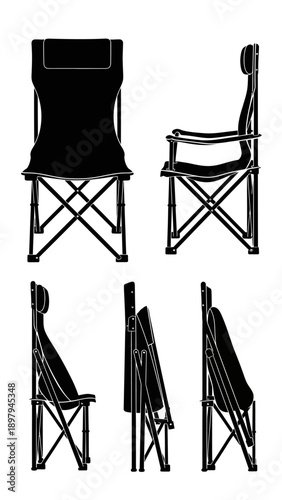 Collapsible Camping Chair Silhouette: Front, Side, and Folded Views