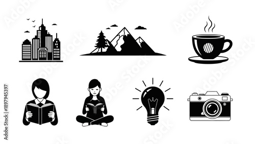 Collection of Black and White Icons: Cityscape, Mountains, Coffee, Reading, Idea, Camera