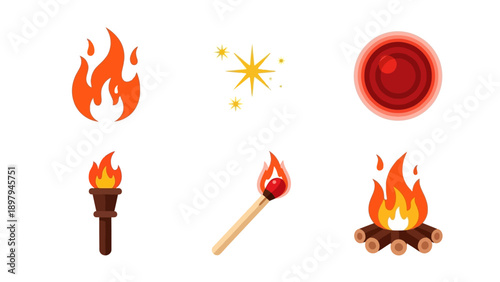 Collection of Fire Icons: Flame, Torch, Match, Bonfire, Spark, Hot Circle