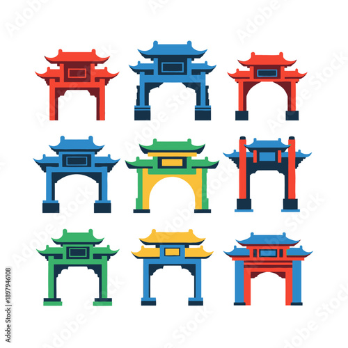 Colorful Chinese Torii Gates Collection: Traditional Asian Architecture Vector Icons