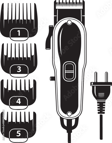 Hair clipper with power plug and numbered attachment combs set for professional barber shop services and grooming isolated vector illustration