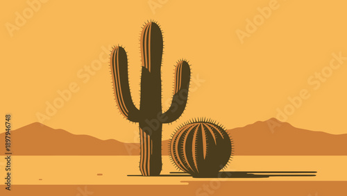 Desert Landscape with Saguaro Cactus and Barrel Cactus under a Warm Sky
