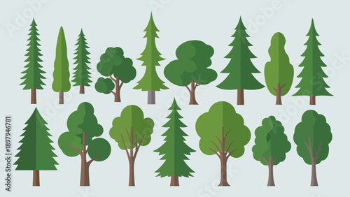 Diverse Collection of Green Trees and Conifers in Flat Design Style