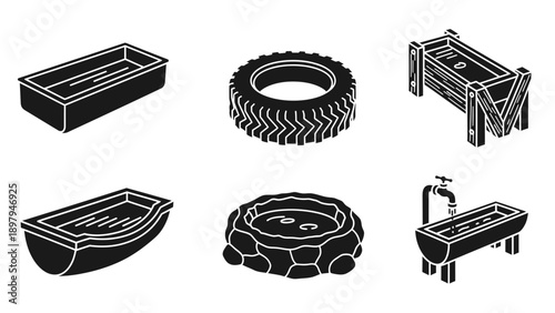 Farm Animal Water Troughs and Feeders Collection - Isometric Icons