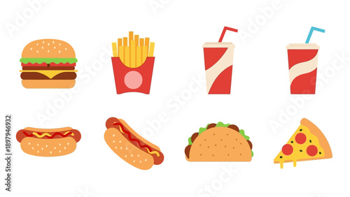 Fast Food Icons: Burger, Fries, Hot Dog, Taco, Pizza, Soda Cups