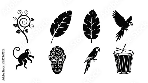 Jungle Icons: Monkey, Parrot, Mask, Drum, Leaves, and Swirl Plant