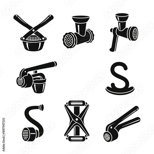 Kitchen Gadget Icons: Meat Grinder, Potato Masher, Garlic Press, Strainer