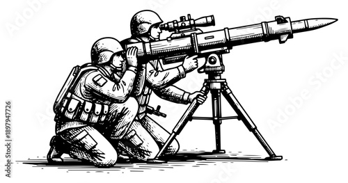 Two soldiers operating heavy anti-tank missile launcher on tripod in detailed engraving style