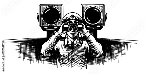 Military commander looking through binoculars next to optical surveillance equipment in engraving style