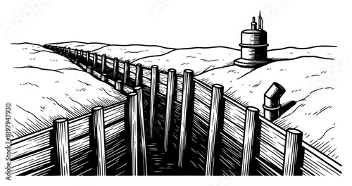 Military trench fortification system with wooden walls in black and white engraving style