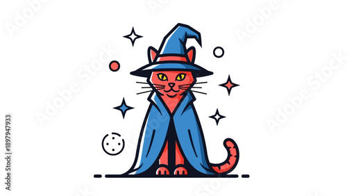 Mystical Cat Wizard in Blue Cape and Hat, Magical Stars and Planets