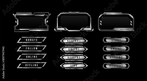 Futuristic ui HUD frames and tech buttons set isolated on black background. Vector realistic illustration of silver chrome web stream interface design elements, metal borders for cyberpunk game menu