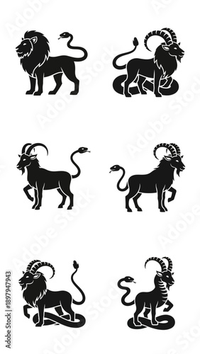 Mythical Creatures: Lion-Goat Hybrid with Snake, Zodiac Symbols