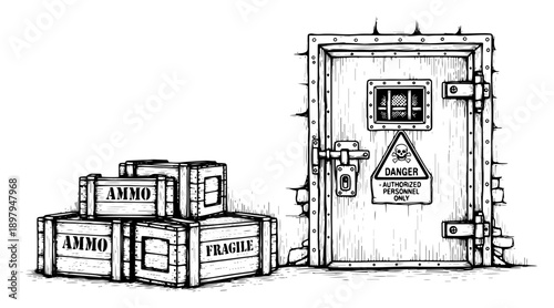 Wooden ammo crates stacked near reinforced bunker door with danger sign in sketch style