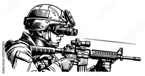 Modern soldier in tactical gear aiming assault rifle with night vision goggles in engraving style