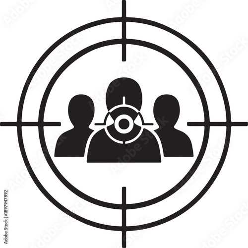Target audience concept showing three people within crosshairs symbol, representing market research and demographic focus
