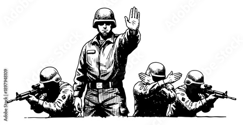 Military soldiers showing tactical hand signals and holding rifles in engraving style