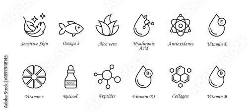 Minimal Line Icon Set of Vitamins, Supplements, and Skincare Ingredients Including Omega 3, Collagen, Hyaluronic Acid, Antioxidants, Retinol, Peptides, Aloe Vera, and Essential Vitamins for Health, Be