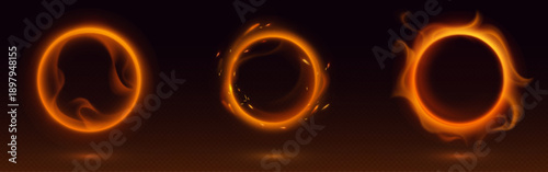 Abstract fire rings glowing on black background with fiery sparkle and smoke. Vector realistic illustration of round frames with burning flame effect, hot sparks shimmering in darkness, magic portal