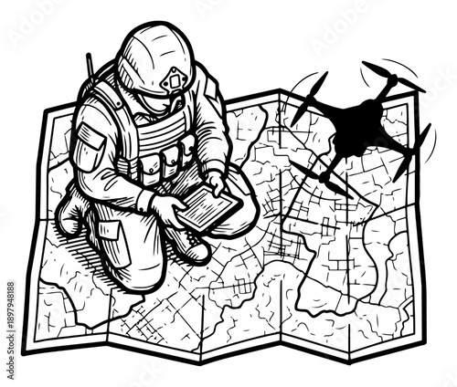 Soldier using a drone for tactical reconnaissance over a large map sketch